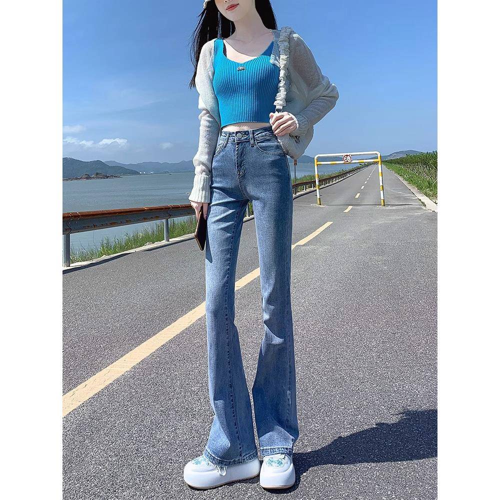 浅色微喇牛仔裤女爆款春秋2025新款高腰宽松小个子九分美式喇叭裤