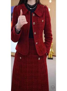 Ocnltiy喜婆婆婚宴装套装连衣裙女秋冬新款妈妈小香风红色两件套