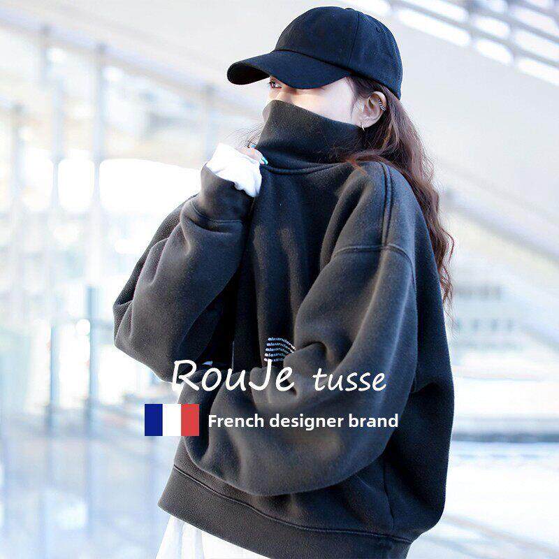 法国罗杰Tusse黑色半高领运动衫女性宽松的韩国风格秋季套头衫没