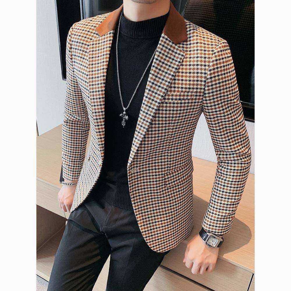 香港秋冬季千鸟格休闲西装外套男拼接领子英伦风雅痞西服上衣正装