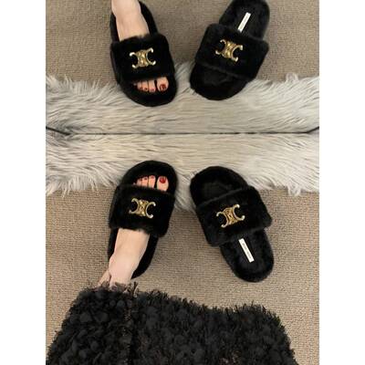 潮牌厚底金属扣黑色毛毛拖鞋女外穿2025秋冬新款百搭时尚一字棉拖