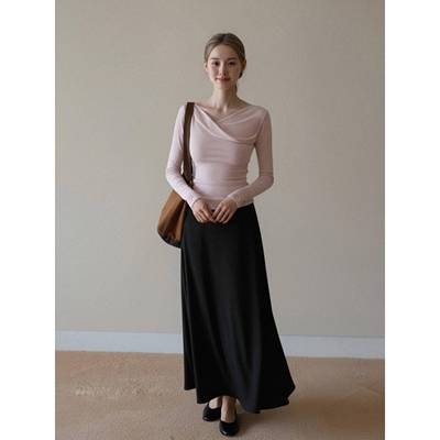 粉色荡领长袖t恤女设计感修身内搭针织衫打底衫修身百搭高级上衣