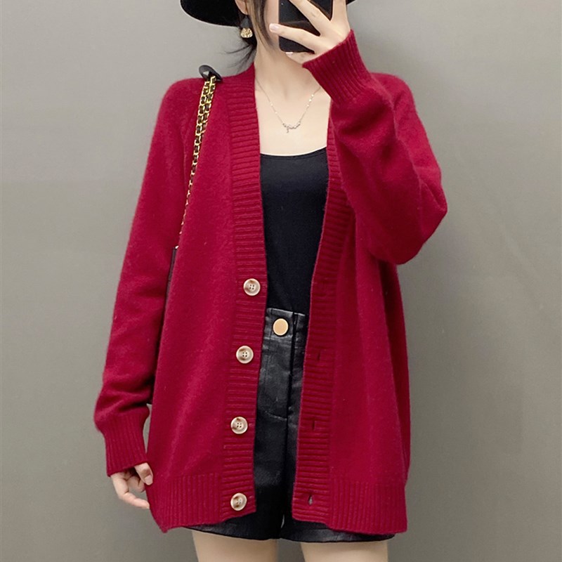 欧货软糯山羊绒衫女V领中长款宽松秋冬新品加厚毛衣针织开衫外套