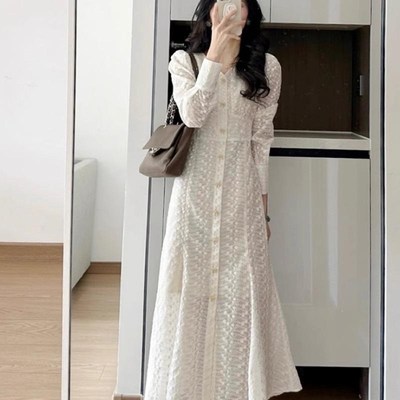 FAshi 2025春装新款法式高级感长袖白色连衣裙女温柔风气质长裙子