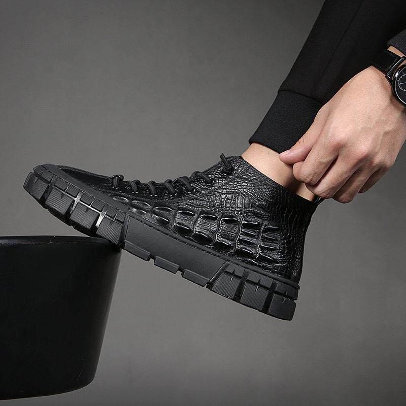 欧洲站真皮男鞋黑色高帮鞋春秋新款潮牌厚底马丁靴潮流个性皮鞋男