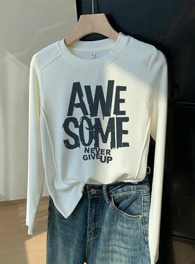 韩国Honey koko⭐正肩纯棉圆领长袖t恤女白色上衣打底衫春秋冬季