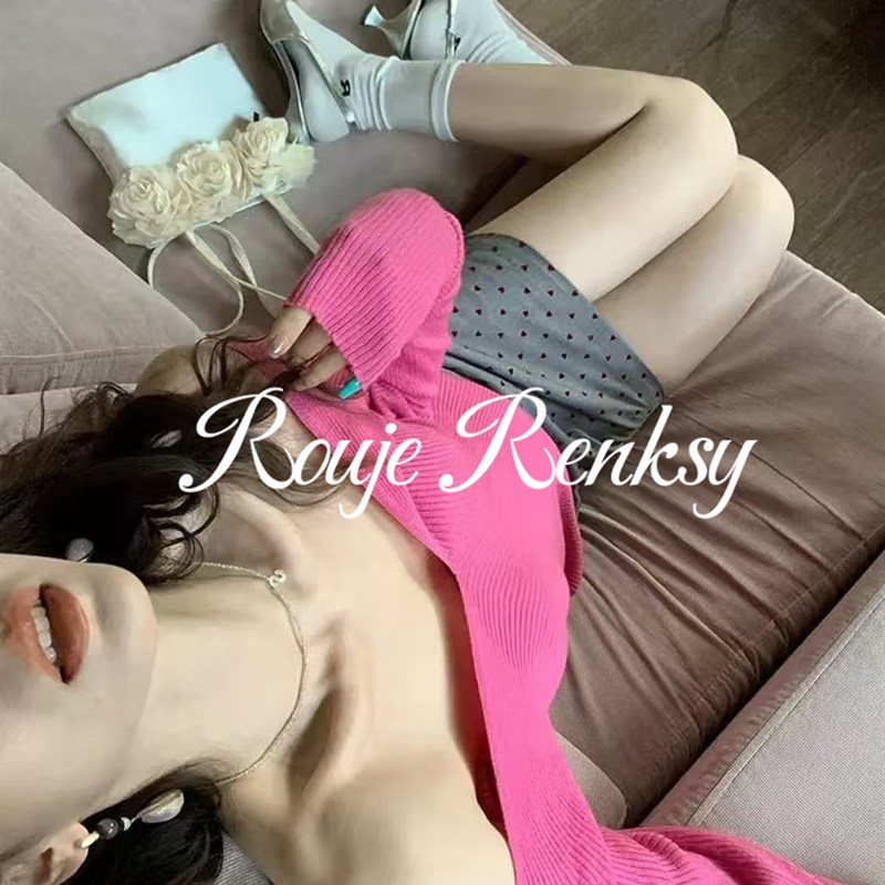 rouje renksy法式覆古纯欲玫红前后V领一字露肩针织衫女秋冬