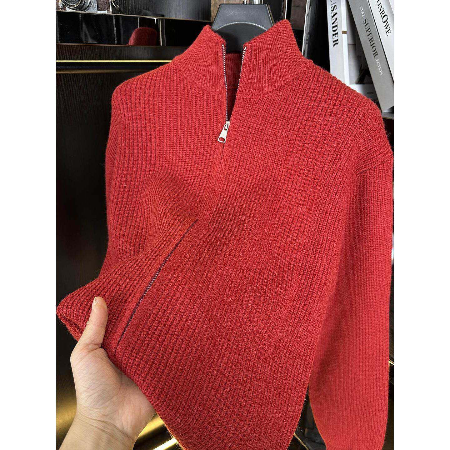 Mostarsea~秋冬双拉炼毛衣外套男立领加厚针织开衫半高领休闲上衣