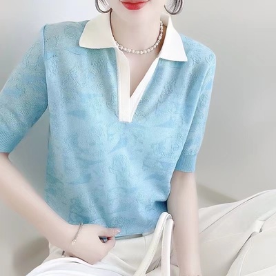 冰丝短袖t恤女夏季2025年新款高级感修身显瘦时尚polo领针织上衣