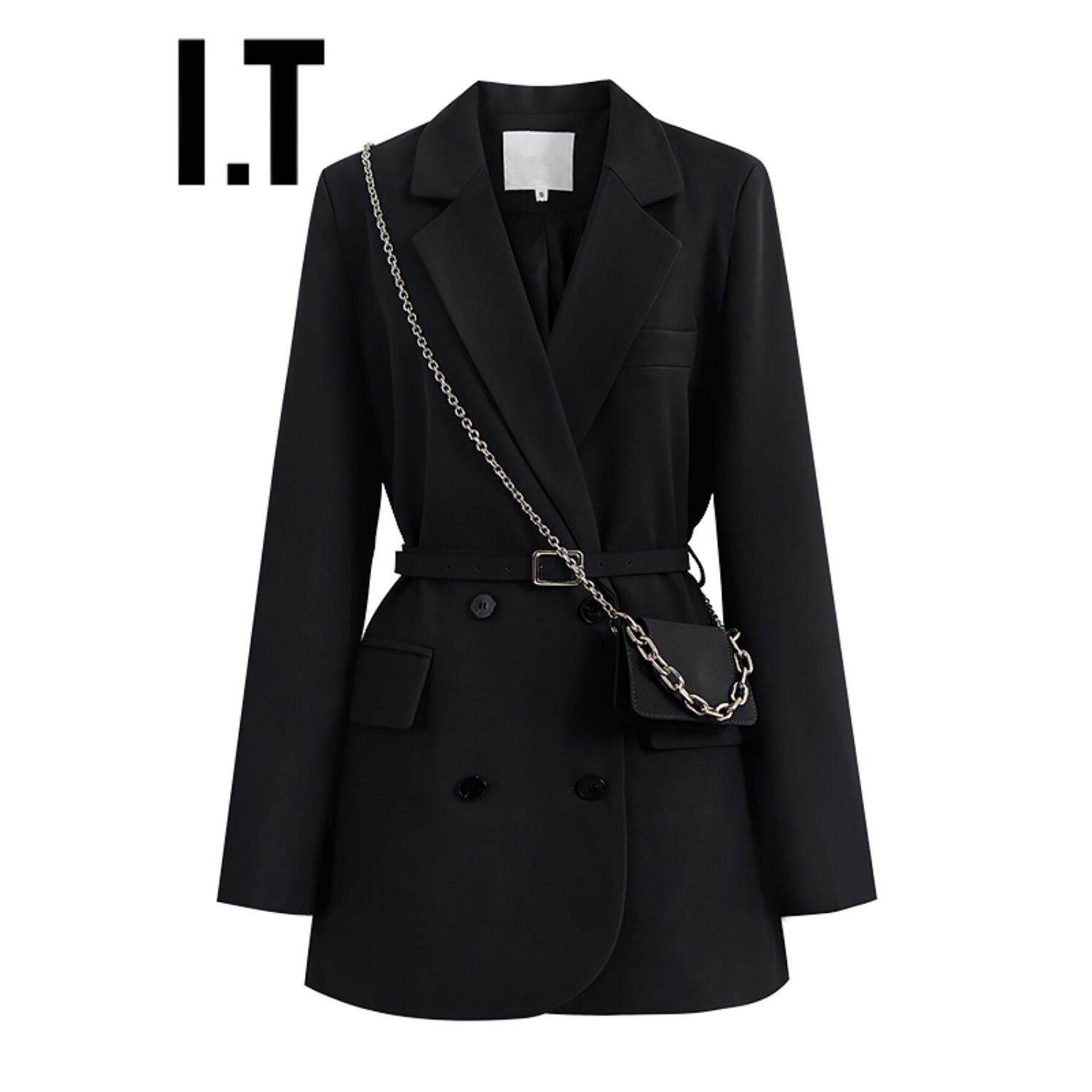 新品香港春秋新款英伦风黑色西装外套女高级感休闲收腰中长款西服