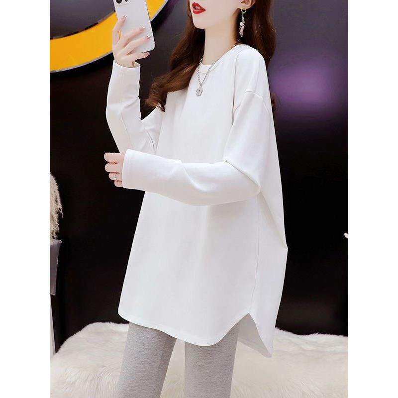 欧洲站白色长袖T恤女2025新款春秋冬季加绒纯棉中长款打底衫上衣