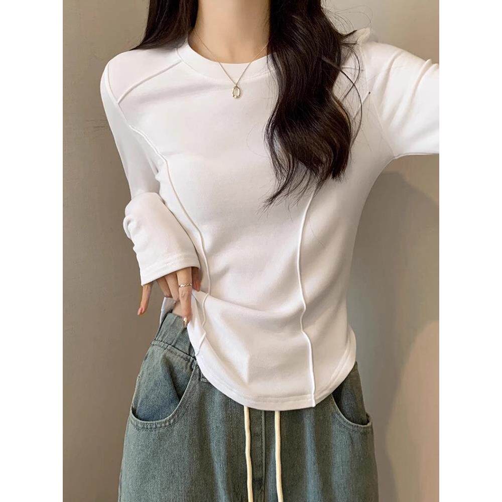 2025春秋新款白色基础款T恤女长袖高级感短款鱼骨磨毛内搭打底衫
