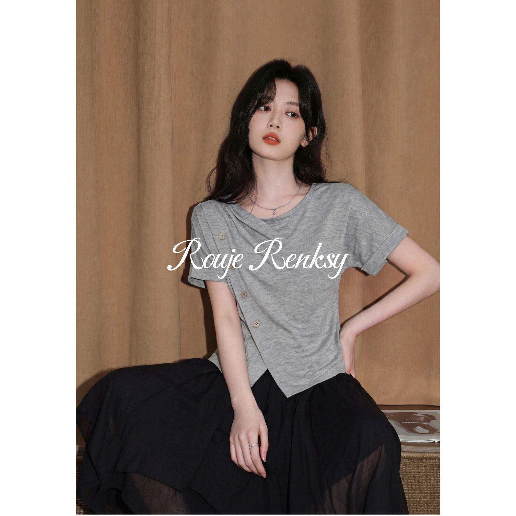 法国Rouje Renksy法式灰色不规则短袖T恤女夏开叉收腰显瘦上衣