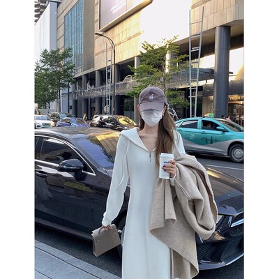 FAshi 法式连帽运动衫裙女秋冬2023新款休闲显瘦打底长版针织洋装
