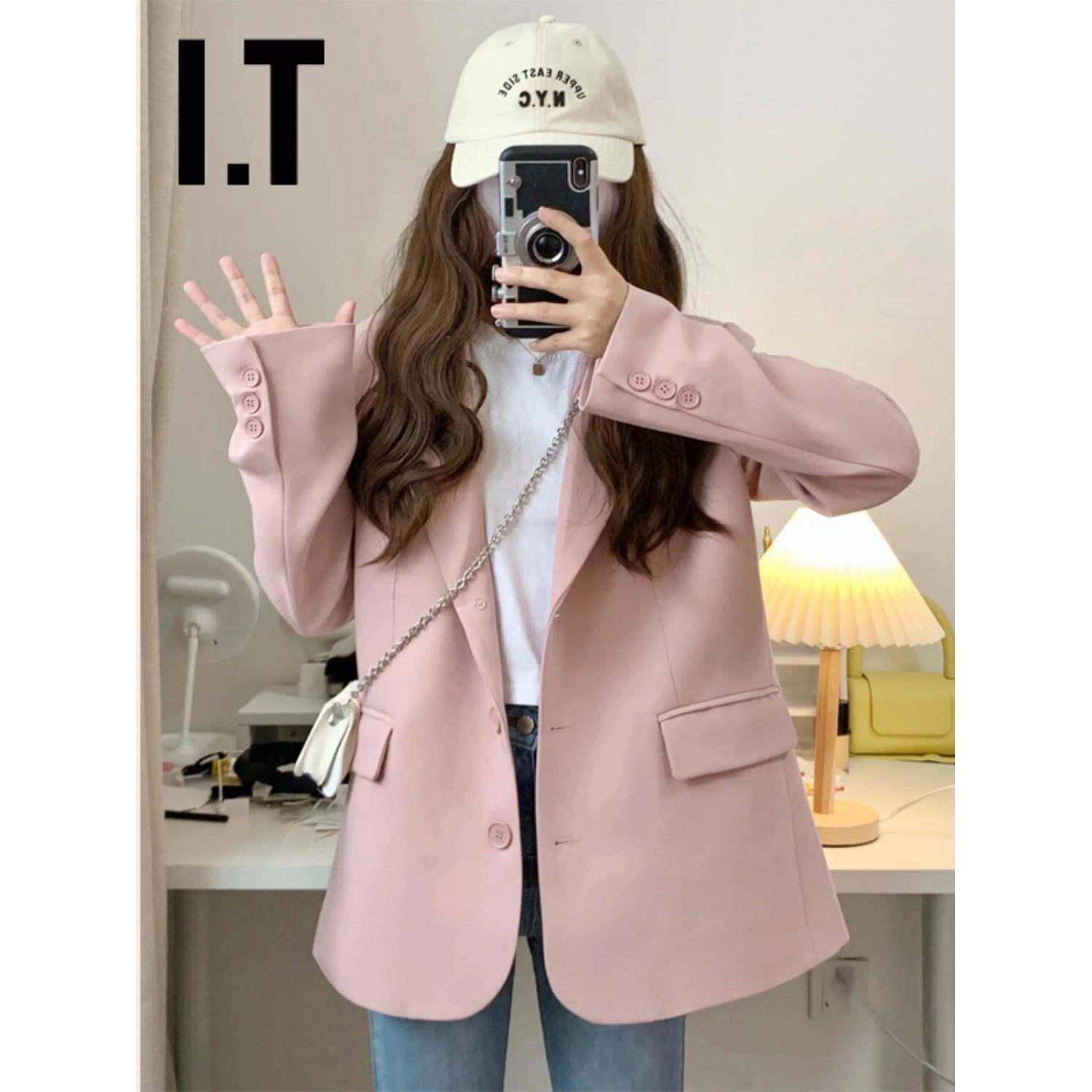 新品香港春秋新款粉色高级感小个子西装外套女士韩版宽松休闲西服