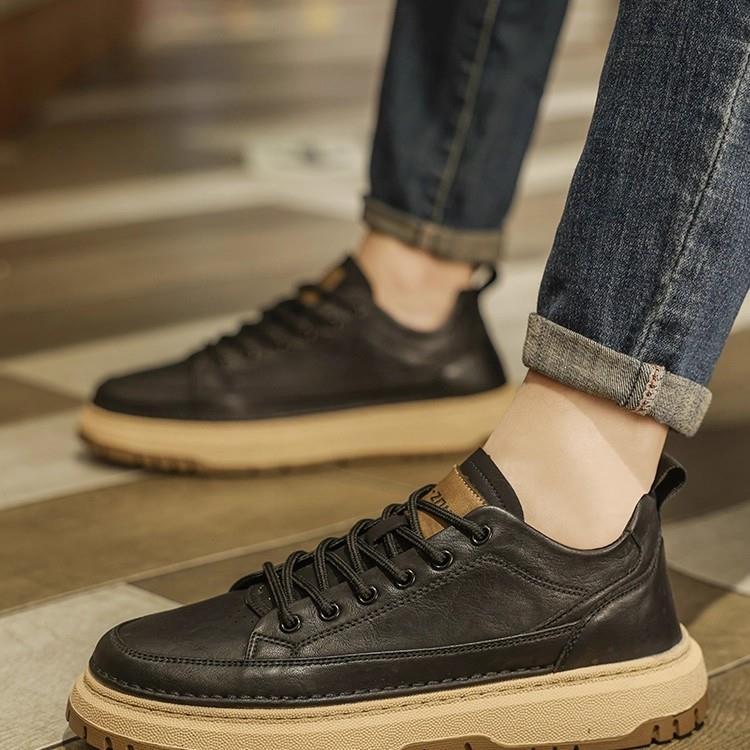 潮牌皮鞋男款春秋季真皮黑色耐磨防滑板鞋男士厚底英伦商务休闲鞋