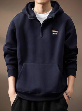 高端2025秋季新款420g重磅连帽卫衣男潮牌美式半拉炼宽松大码外套