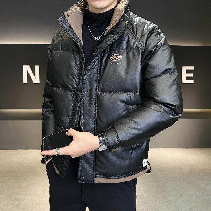 正品香港潮牌皮羽绒服男冬季潮牌立领新款修身轻薄短款鸭绒外套高