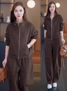 香港代购时尚休闲套装女秋季新款时髦开衫短外套阔腿裤加厚两件套