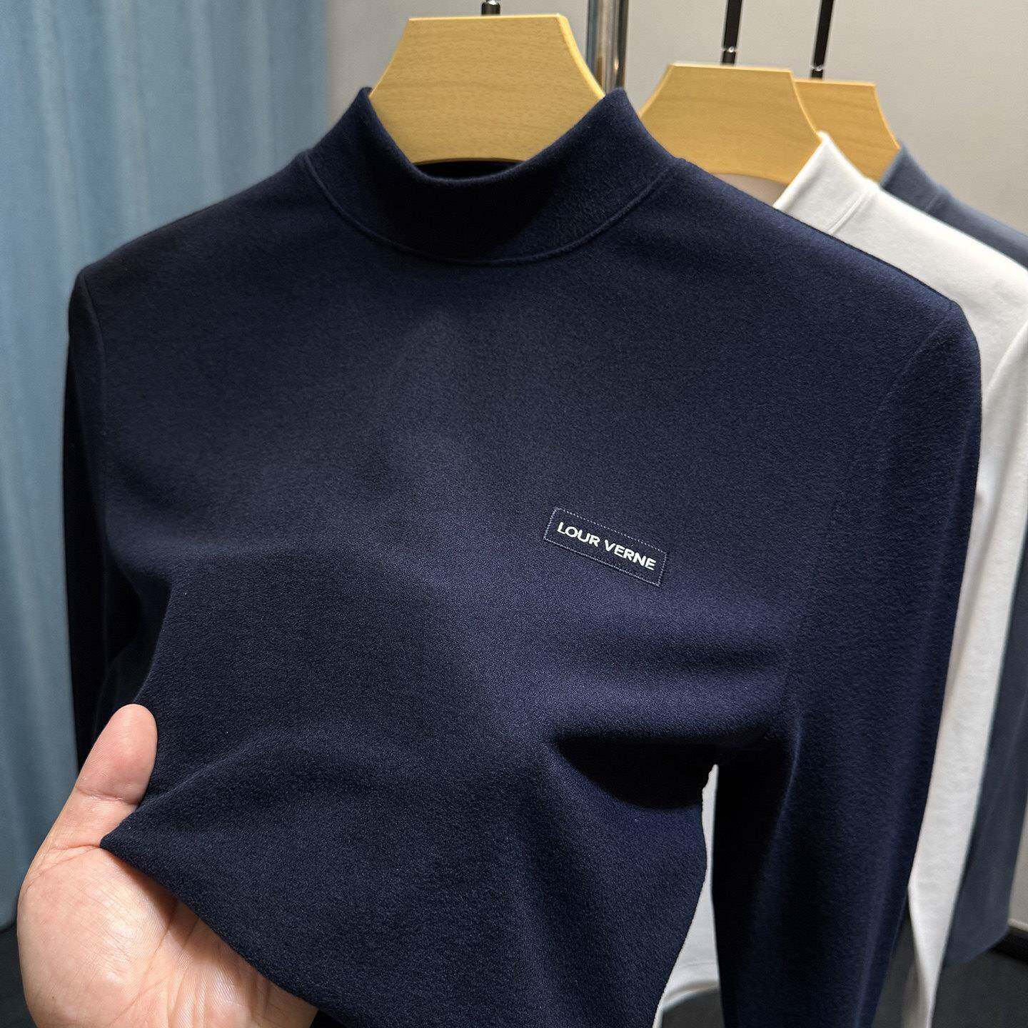 高端德绒半高领打底衫男秋冬修身内搭t恤长袖磨毛保暖百搭上衣潮