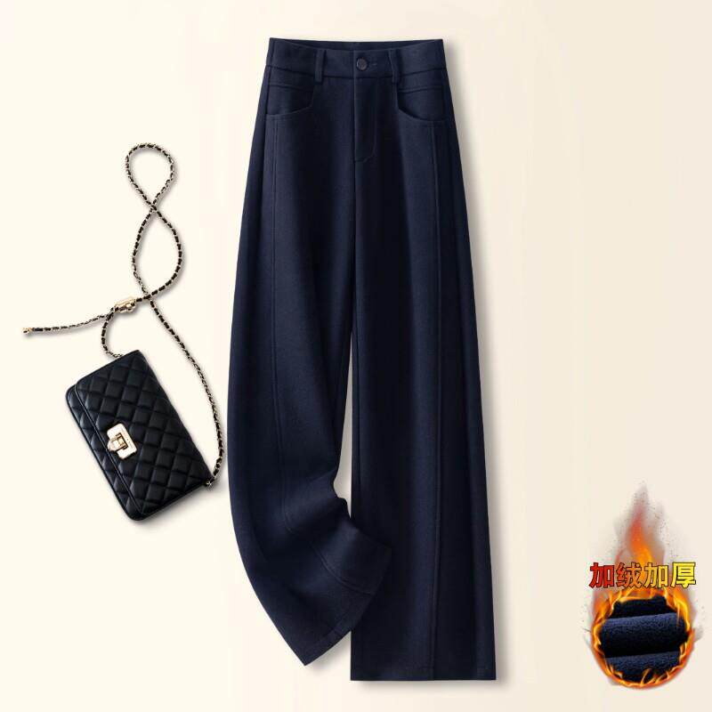 高档通勤藏青色羊毛呢阔腿裤女士秋冬款宽松直筒裤复古加绒休闲裤