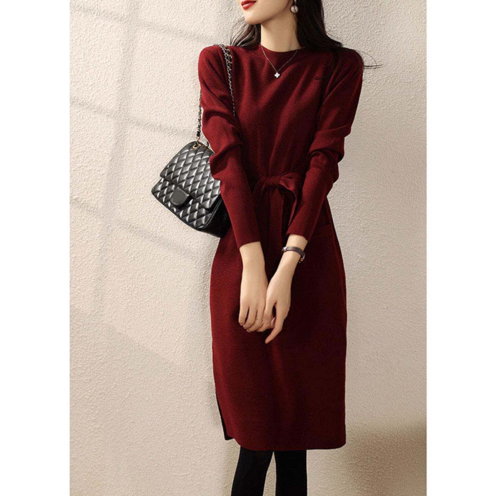 欧洲站秋冬2024新款女装法式覆古红色裙子长款内搭打底针织连衣裙