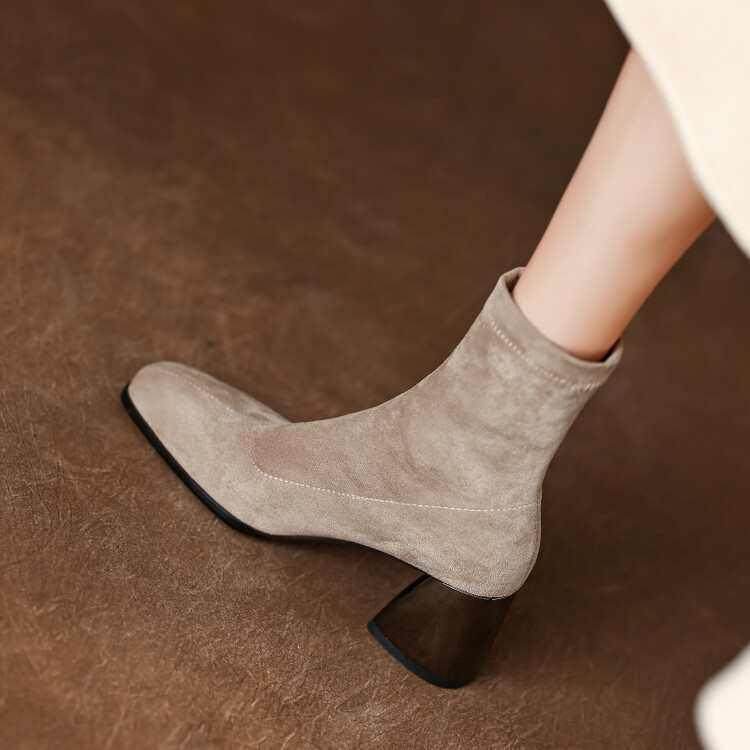 杏色绒面方头粗跟弹力瘦瘦靴女2024新款秋冬季简约时尚高跟短靴女,女鞋,雨鞋,淘宝优惠券,粉丝福利购,淘宝优惠卷