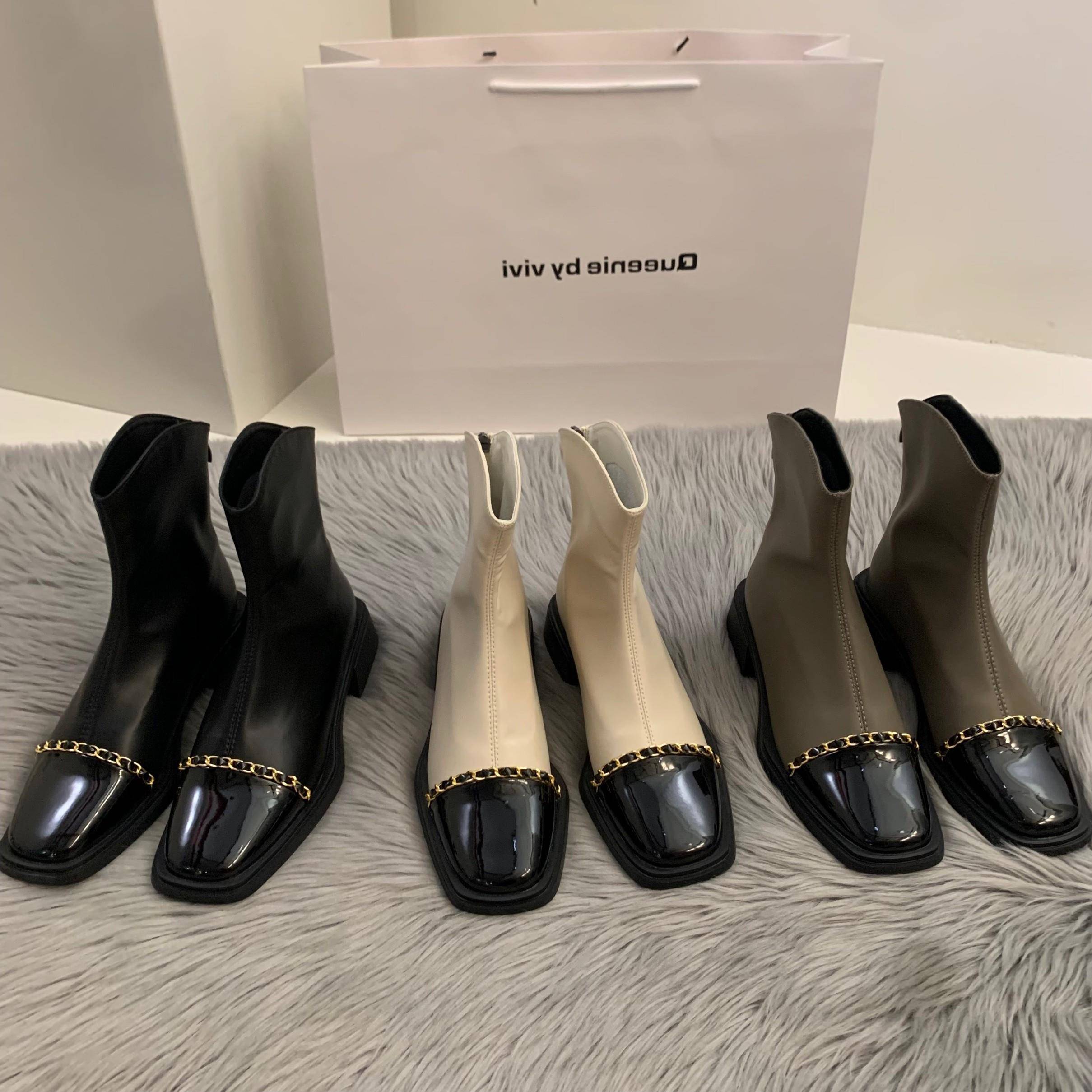 香港花呢风格修身短靴女鞋2025新夏季热风格方头拼接白色靴子