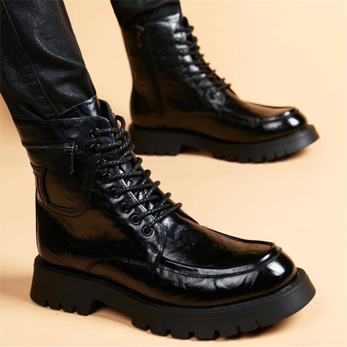 潮牌厚底内增高马丁靴男英伦休闲机车靴高帮皮鞋真皮短靴工装皮靴