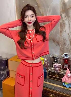 FAshi 小香风女秋冬气质小洋装毛衣韩版名媛针织开衫半身裙两件套