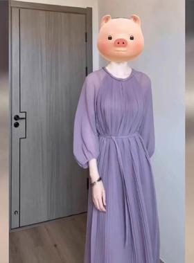 FAshi 2025年春季新款轻奢休闲风长裙女气质法式紫色雪纺连衣裙子
