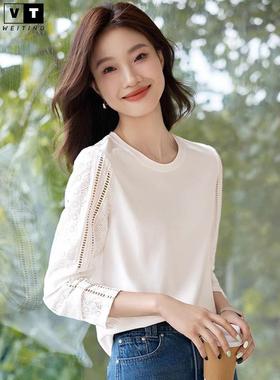 WEI TING时尚长袖T恤女秋季2025新款设计感小众小香风白色打底衫