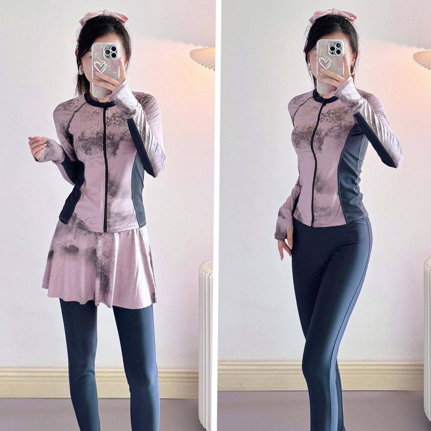 高档轻奢长袖防晒泳衣女士长袖长裤保守裙式微胖遮肉温泉冲浪泳装