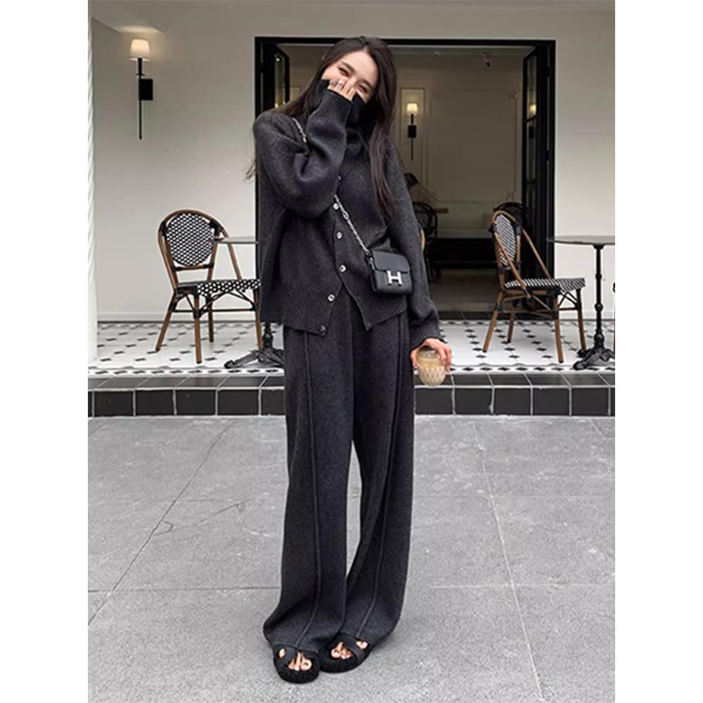 欧洲站秋冬新款韩系针织高领毛衣阔腿裤女装休闲加厚洋气两件套装