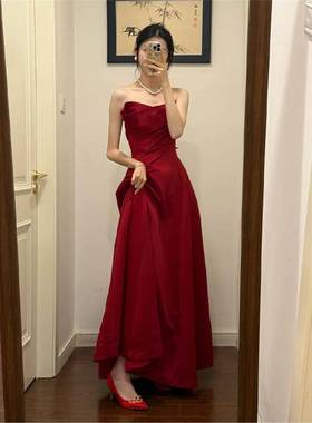 Ocnltiy酒红色抹胸晚礼服裙女高级感小众名媛宴会新娘气质敬酒服