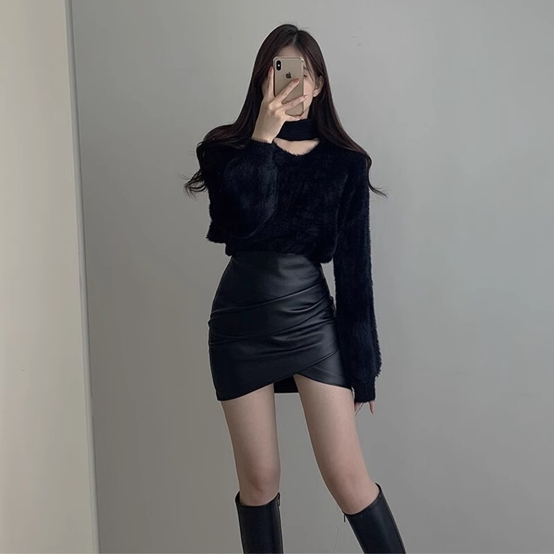 2023早秋黑色小皮裙女紧身显瘦高腰性感不规则小个子pu短裙包臀裙