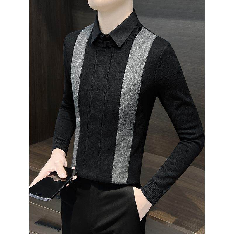 高端轻奢假两件毛衣男士秋冬季2025新款商务休闲衬衫领针织打底衫
