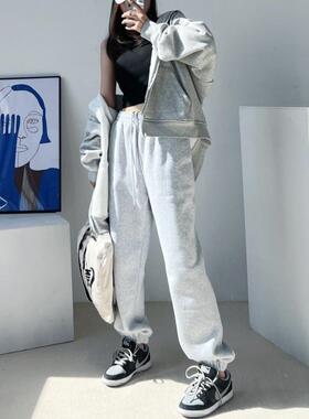 爆款灰色卫裤女2026年春秋季新款休闲显瘦加绒加厚束脚运动裤子潮