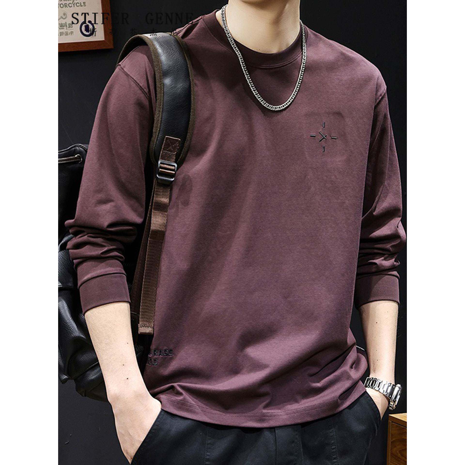 斯蒂芬高级感纯色长袖t恤男春秋季2025新款潮牌宽松大码男士卫衣