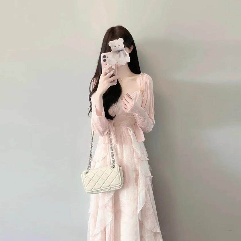 欧洲站春季新款2025时尚减龄开衫吊带长裙超好看的仙气连衣裙套装