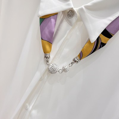 Rouje tusse法式气质纯色翻领丝巾装饰七分袖雪纺衫女秋小衫