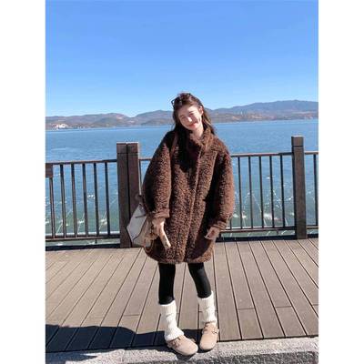 欧洲冬季羊毛皮毛一体皮草外套女保暖立领中长款宽松羊羔毛大衣