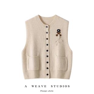 重工手绣！秋冬新款山羊绒开衫女圆领无袖针织马甲女显瘦毛衣坎肩