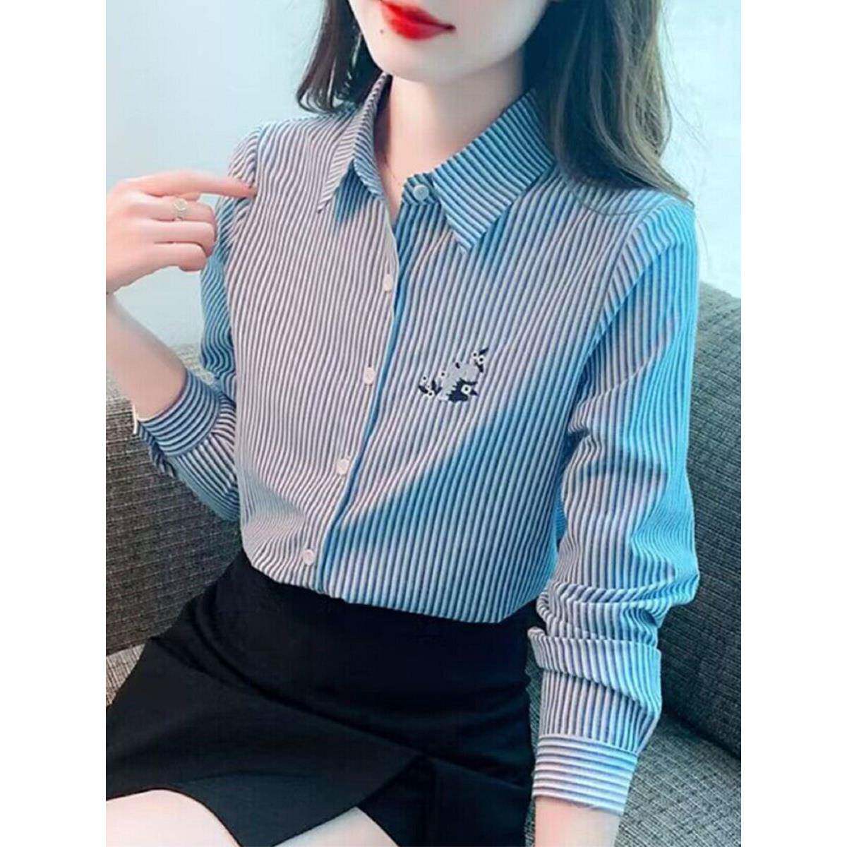 香港Timo蓝色棉条纹衬衫女式长袖春秋季2025通勤棉衬衫女式时尚上