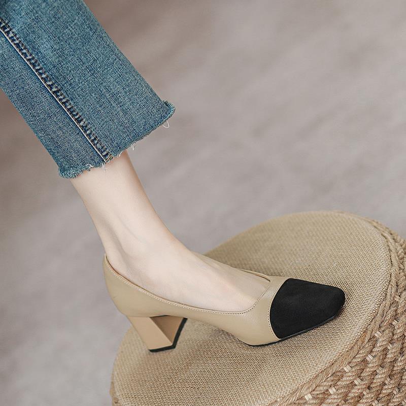 轻奢自留2025新款~小羊皮高跟鞋女春秋法式浅口软皮中跟粗跟单鞋