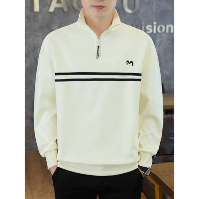 潮牌半拉炼卫衣男款春秋高级感条纹宽松休闲长袖男内搭打底衫上衣