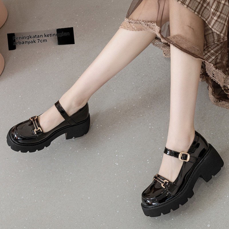 粗跟一字扣玛丽珍鞋粗跟7CM镜面小皮鞋覆古风黑色工鞋高跟鞋