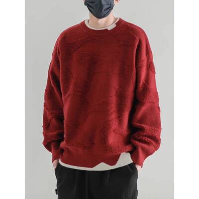 潮牌it neith BIAS假两件毛衣男秋冬日系红色针织衫保暖套头外套