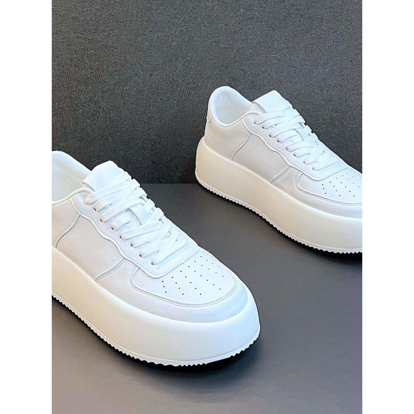 厚底小白鞋男内增高百搭休闲松糕鞋男韩版潮牌防臭白色板鞋男真皮