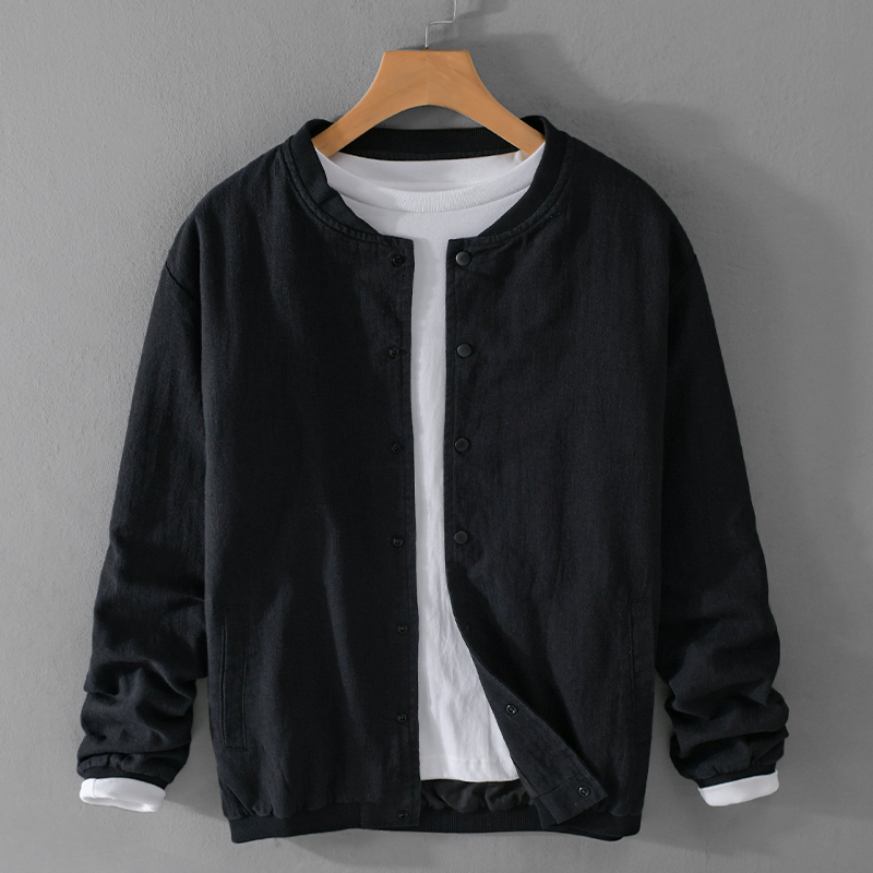 香港春秋季男装亚麻夹克外套简约立领休闲青年宽松黑色棉麻上衣潮